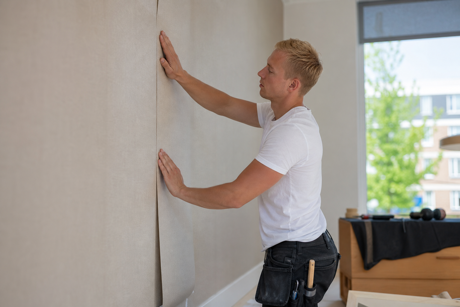 Lichte woonkamer met beige behang als rustige en tijdloze wandafwerking