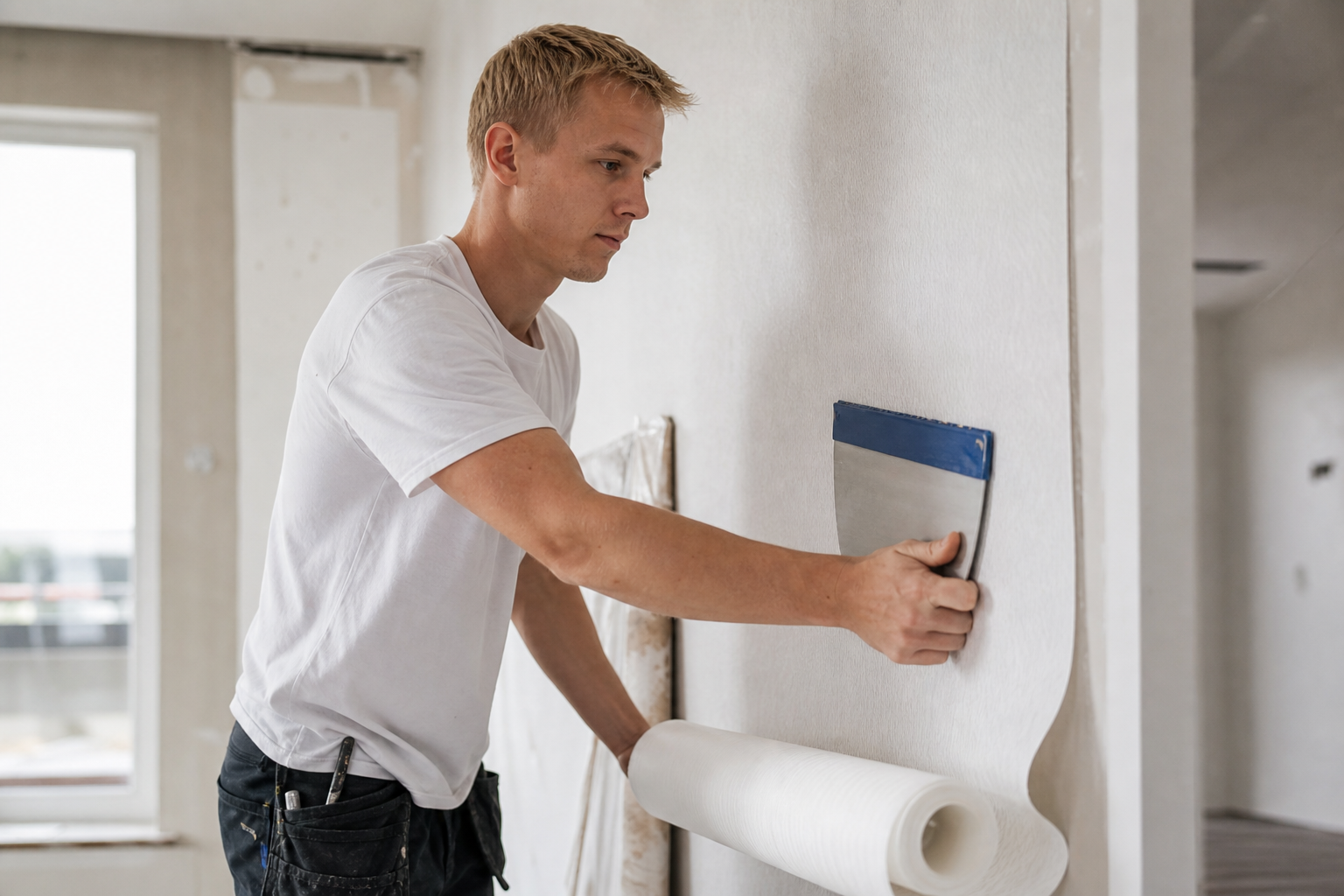 Vliesbehanger aan het werk bij een strakke wandafwerking in een woning